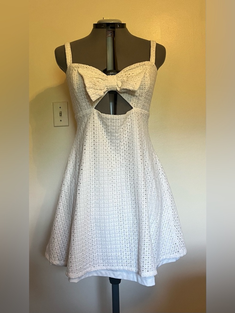 Lulus Mini White Lace Dress with Front Bow and Cutout Detail